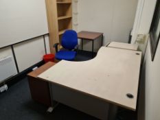 Light Oak Veneered L Shaped Desk, with light oak veneered three drawer pedestal, oak veneered three