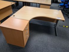 Light Oak Veneered Curved Desk, Light Oak Veneered 3 Drawer Pedestal and Fabric Backed Chair