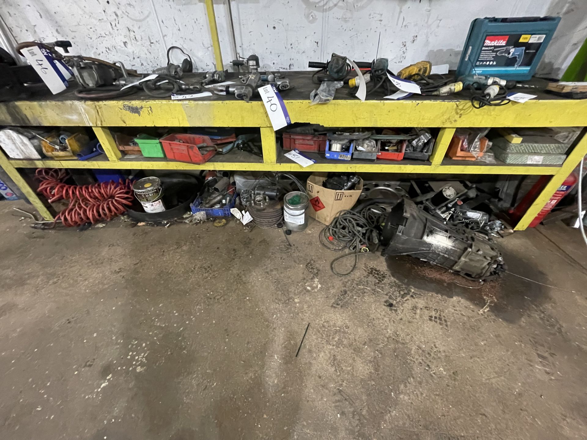 Contents of Bench, including vehicle parts, brake