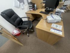 Curved Front Light Oak Veneered Desk, with three drawer desk pedestal and leather effect upholstered