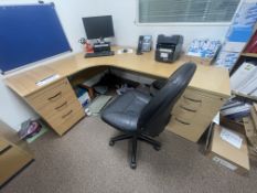 Curved Front Light Oak Veneered Desk, with three drawer desk pedestal and leather effect upholstered