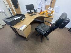 Curved Front Cantilever Framed Oak Veneered Desk, with three drawer desk pedestal and leather effect