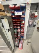 Perforated Steel Wall Rack, with plastic stacking bins and electrical consumables contents, as set