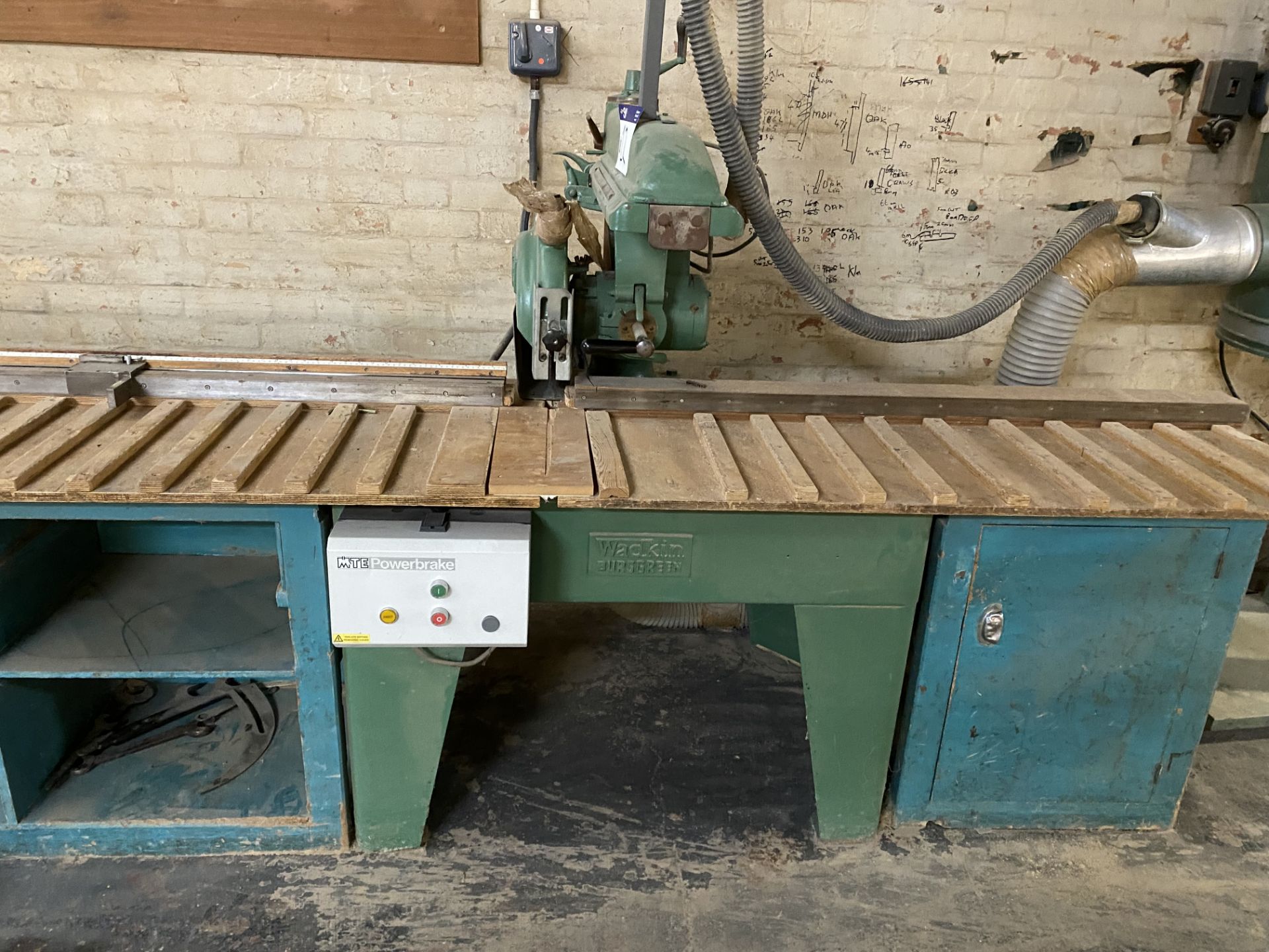 Wadkin Bursgreen PULLOVER CROSS CUT SAW, with timber workbench, approx. 3.8m longPlease read the - Image 3 of 3
