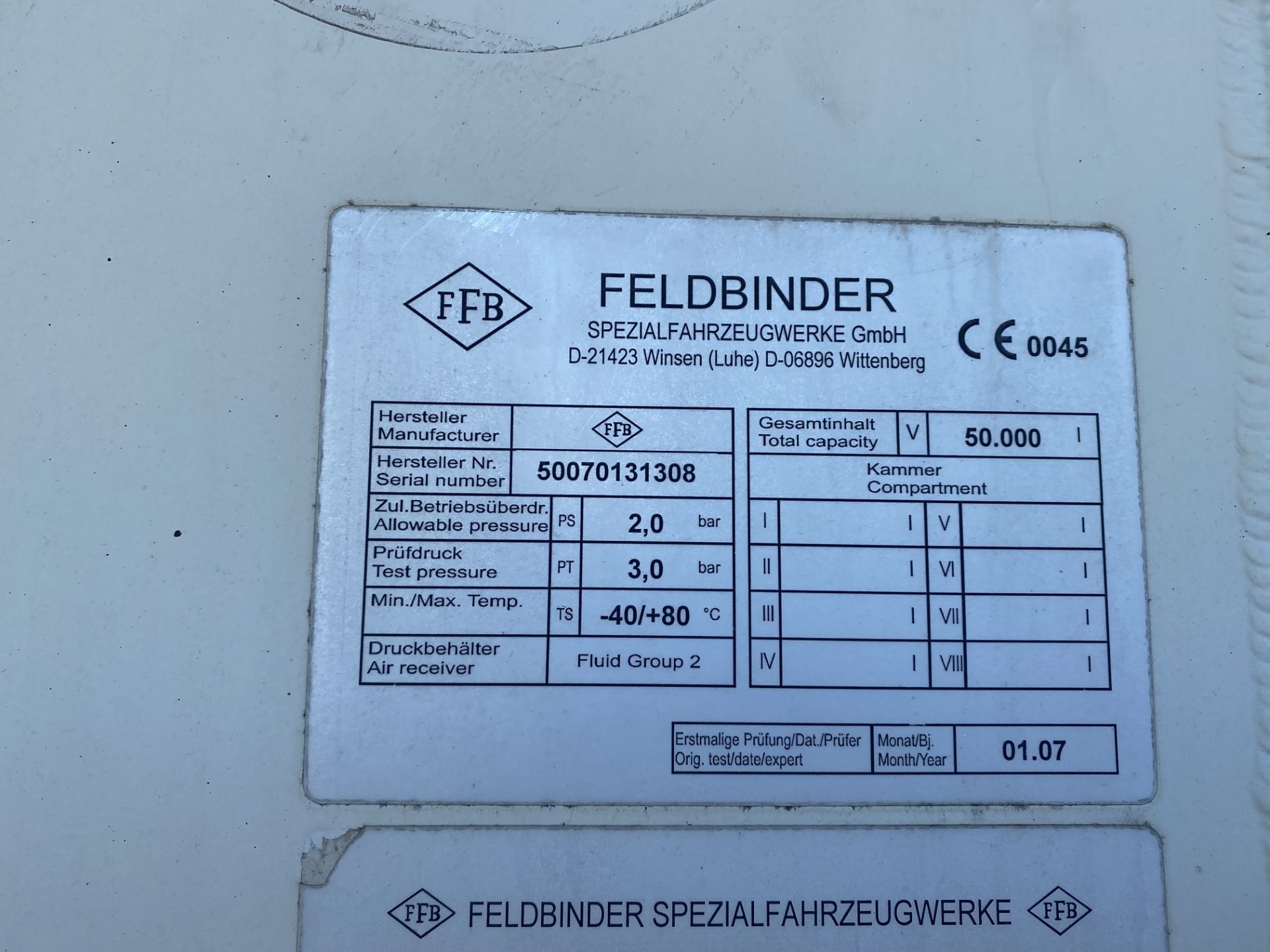 Feldbinder EUT50.3 50m³ Pot Belly Triaxle Tanker Trailer, serial no. 50070131308, date of - Image 8 of 11