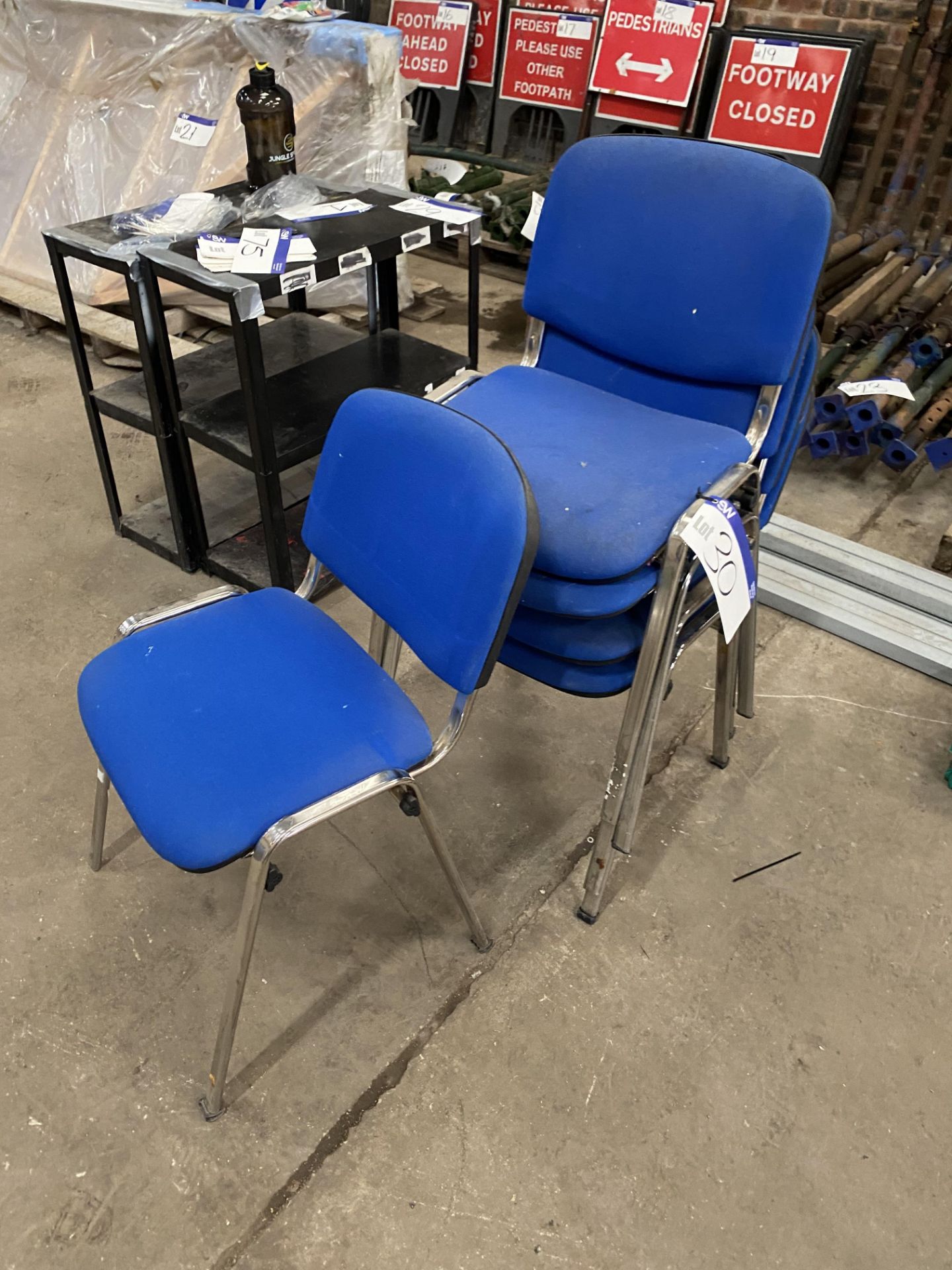 Five Blue Fabric Upholstered Steel Framed Stand Chairs (no vat on hammer price on this lot - however