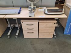 Light Oak Veneered Mobile Desk, with two light oak veneered three drawer pedestalsPlease read the