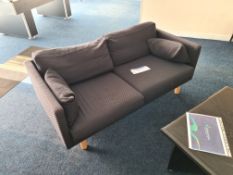 Two Fabric Backed Two Seat Sofas, with black square coffee tablePlease read the following