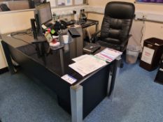 Metal Framed Glass Topped L Shape Desk, with two black three drawer pedestals, leather effect swivel