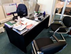 Black Oak Desk, with black two drawer pedestal, fabric backed swivel armchair and two fabric