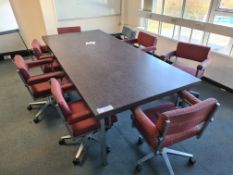 Dark Veneered Two Section Boardroom Table, with eight chrome upholstered swivel armchairsPlease read