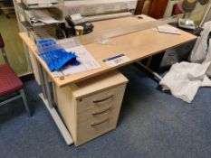 Light Oak Veneered Cantilever Desk, with light oak veneered three drawer and chrome upholstered