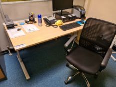 Two Light Oak Veneered Desk, with light oak veneered three drawer pedestal, fabric backed swivel