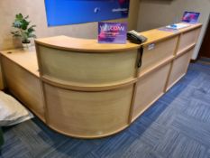 Light Oak Veneered Four Section Curved Reception Desk, with three light oak veneered two drawer