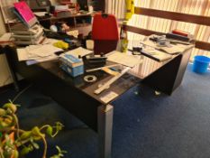 Metal Framed Glass Topped L Shaped Desk, with two black three drawer pedestals, red leather effect