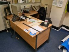 Light Oak Veneered L Shaped Desk, with built in three drawer pedestal, two fabric backed chairs