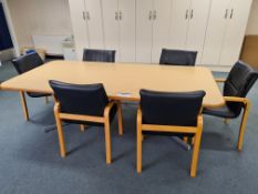 Light Oak Veneered Rounded Meeting Table, with six wooden framed leather effect chairsPlease read