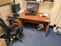 Dark Oak Veneered Desk, with built in two drawer pedestal and leather effect swivel armchairPlease