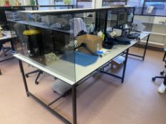 Double Sided Steel Framed Four Station Laboratory Desk, approx. 3m long x 1.2m wide, with two fabric