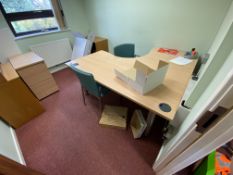 Contents of Office, including curved front light oak veneered desk, two fabric upholstered armchair,