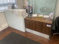 Two Section Reception Desk, comprising a dark oak veneered L-shaped desk, approx. 2.5m long, with