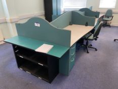 Island of Desks, comprising six pedestal desks, rectangular end table,  three fabric upholstered