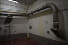 Two Stainless Steel Dust Extraction Hoods, with connecting stainless steel ducting (up to wall