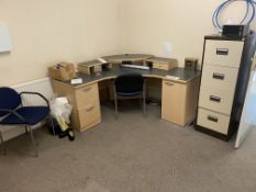 Residual Office Contents, including desk, two chairs, two multi drawer pedestals and steel filing