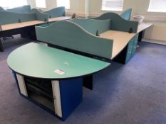 Island of Desks, comprising four pedestal desks, circular end table/ cabinet and four acoustic