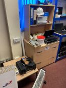 Light Oak Veneered Chest-of-Drawers/ Shelving Unit, with steel framed side table (excluding