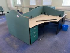 Island of Desks, comprising four curved front pedestal desks, circular end table, two fabric