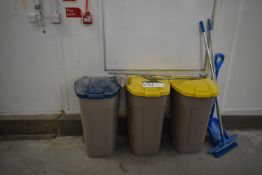Three Plastic Wheelie Bins (one wheel missing on one bin), with hand tools as set outPlease read the