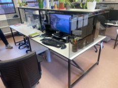 Double Sided Steel Framed Four Station Laboratory Desk, approx. 3m long x 1.2m wide, with three