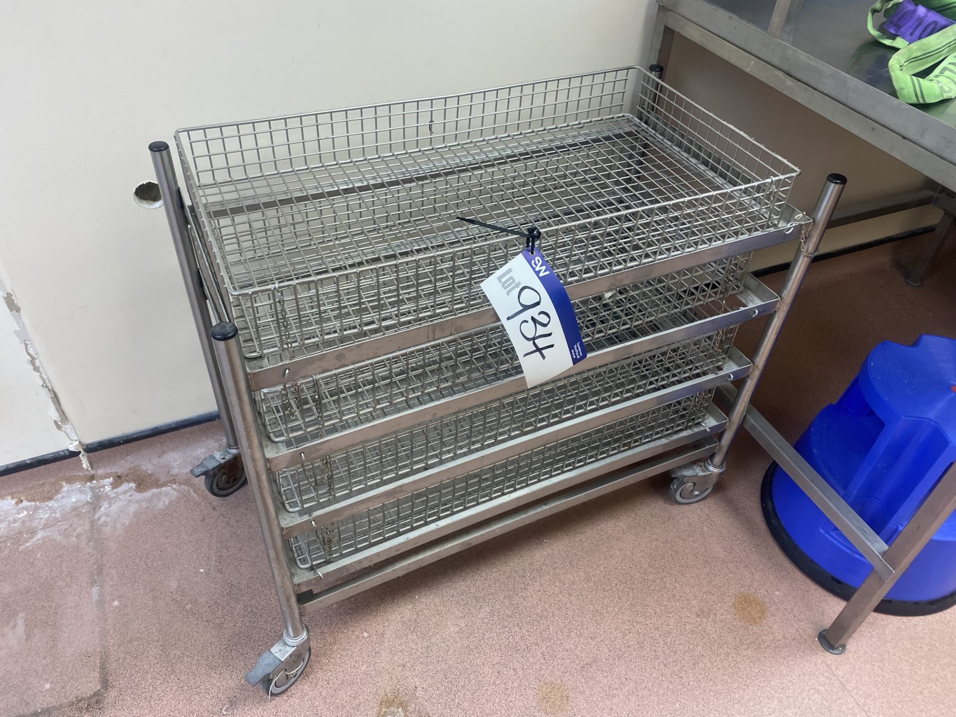 Four Tier Stainless Steel Wire Mesh Tray Trolley, approx. 900mm x 500mmPlease read the following