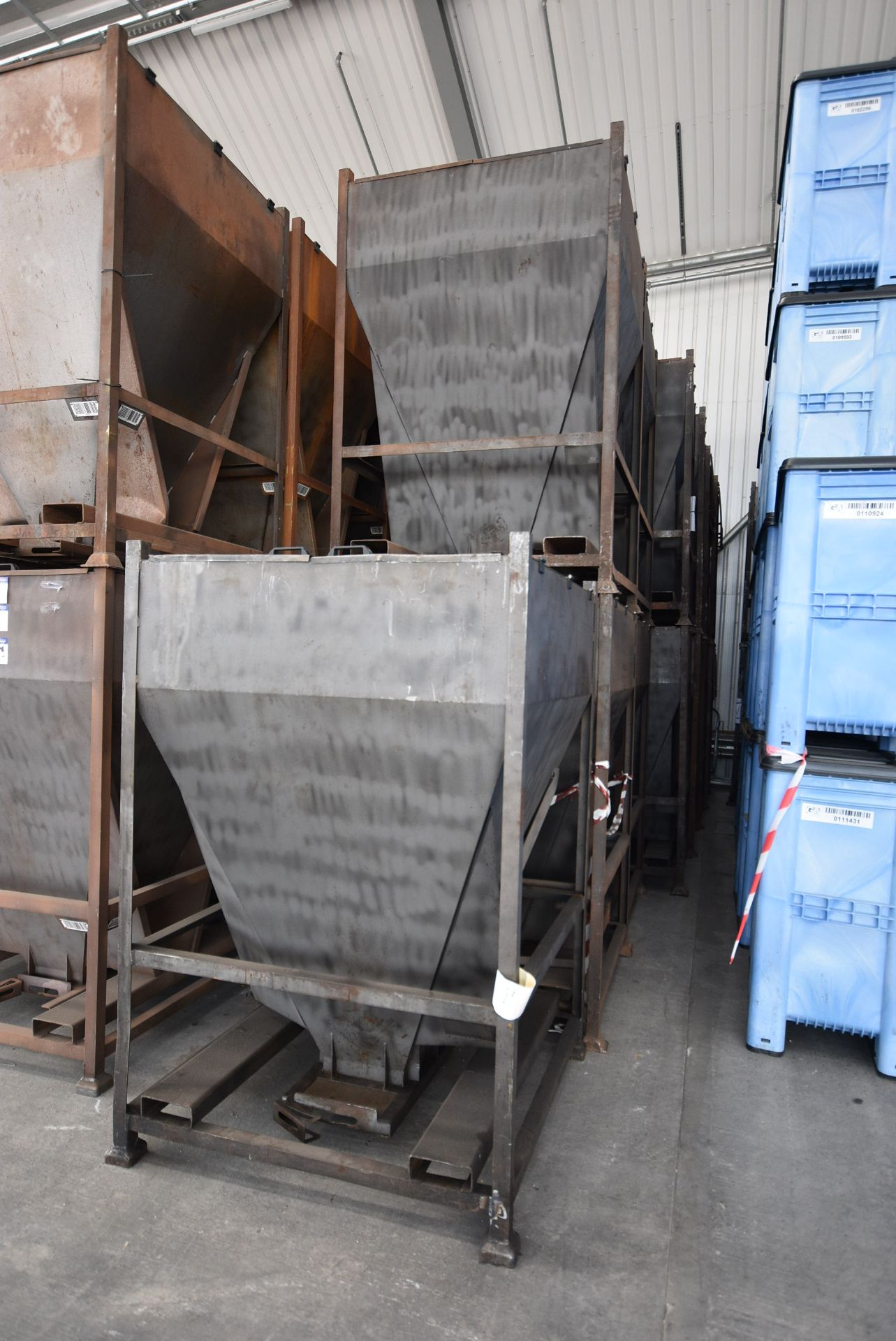 FIVE STEEL HOPPER BOTTOMED TOTE BINS, each approx.