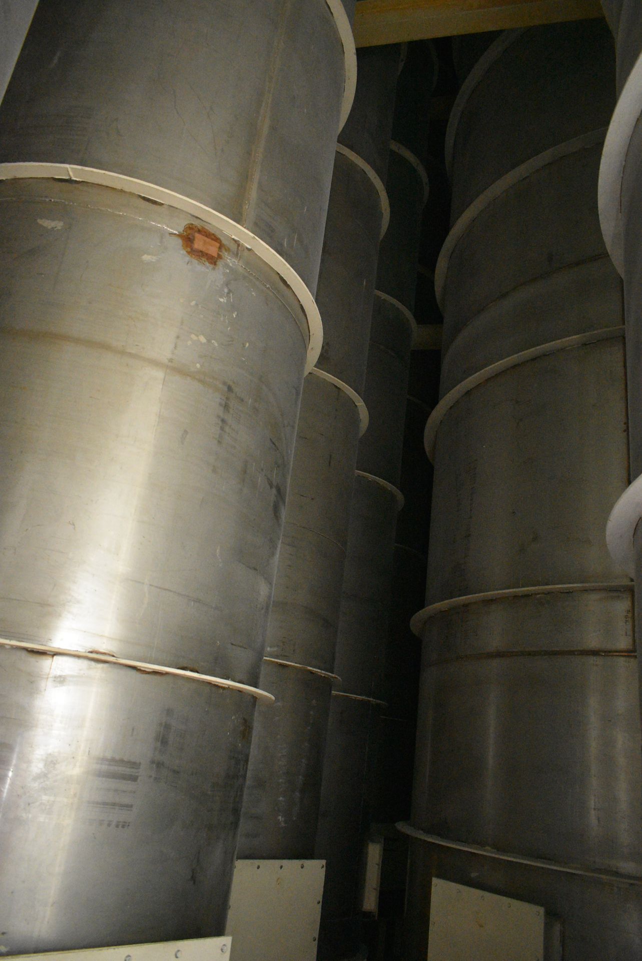 NEST OF NINE STAINLESS STEEL FLOUR STORAGE BINS, comprising two x 50 tonne cap., one x 25 tonne