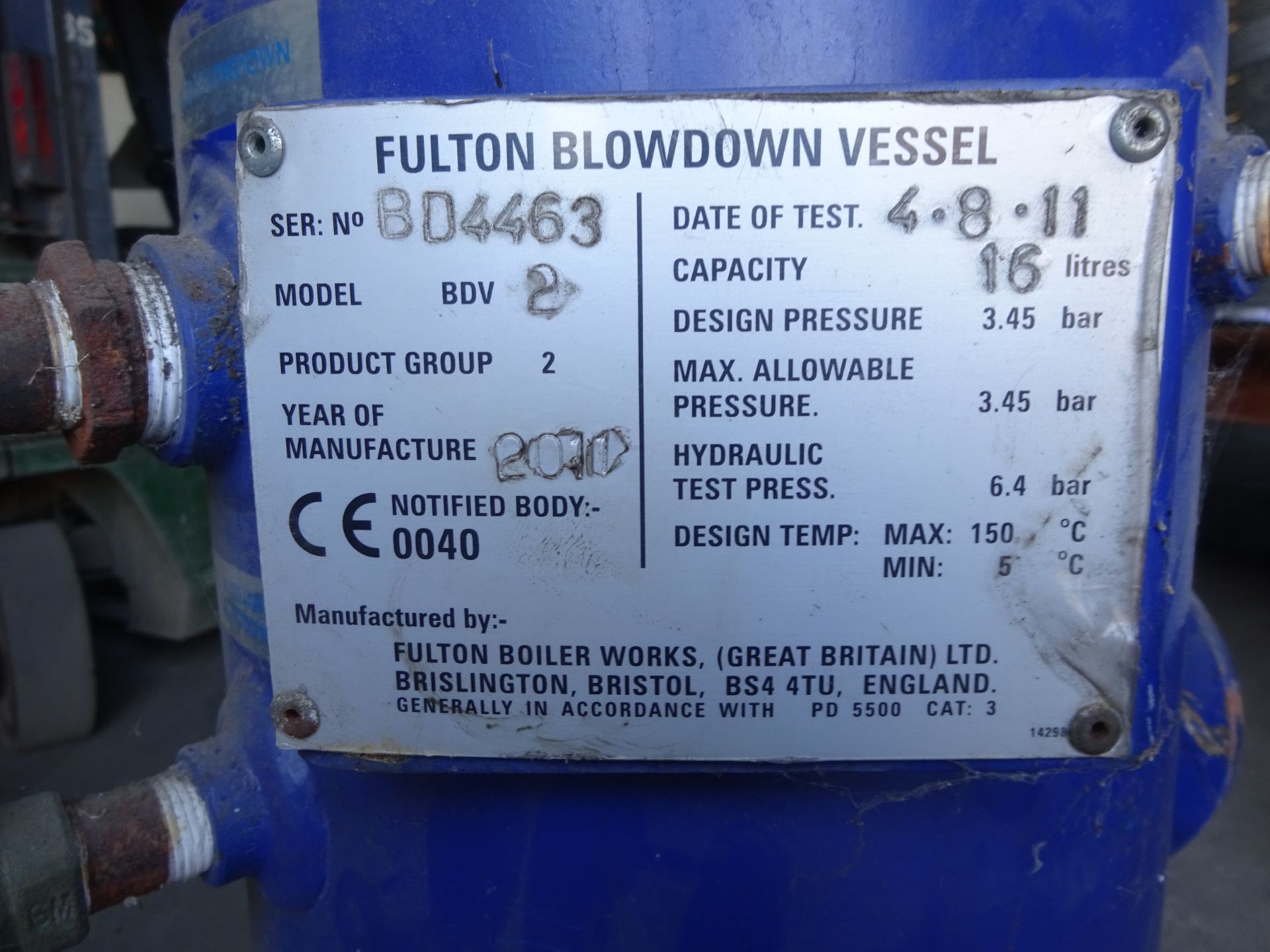 Fulton Blowdown Vessel, plant no. 57, dimensions approx. 3in inlet/outlet, capacity 16L, free - Image 3 of 4