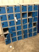 Two Blocks of Cubbyholes & Lockers, 18 lockers each, with sloping tops, approx. 0.9m wide x 0.4m