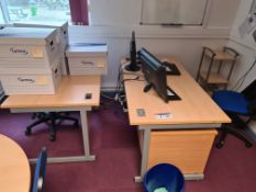 Two Cantilever Framed Desks, with multi-drawer ped