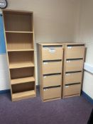 Two x Four Drawer Timber Filing Cabinets & Bookshe