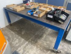 Blue Steel Table,2.5m x 1250mm , on castors, loading free of charge - yes, lot located at Ludom