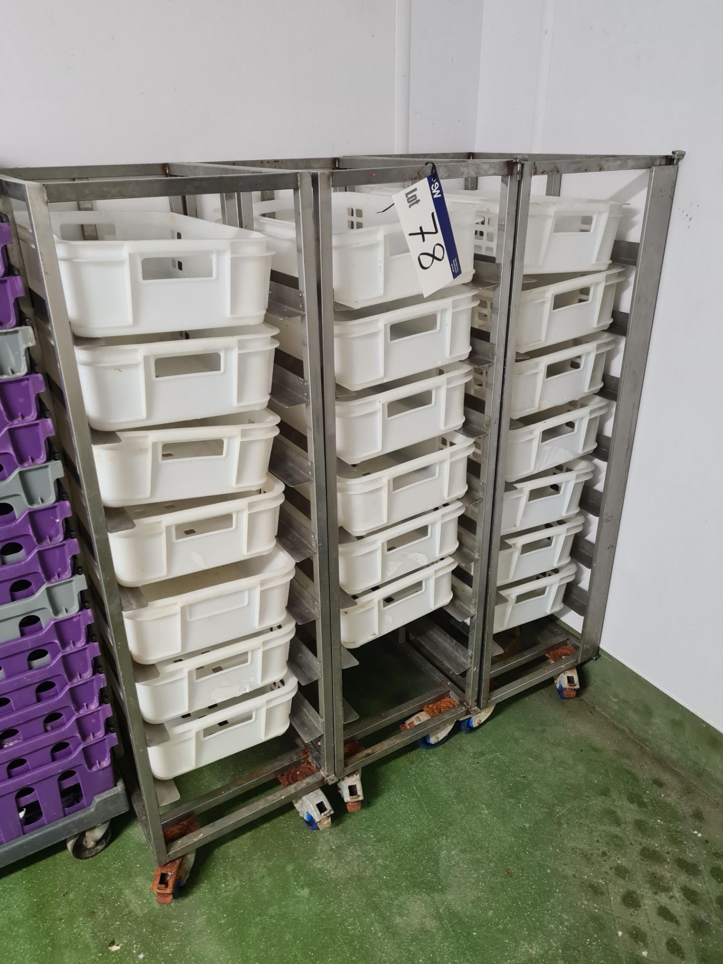 Three Steel Framed Mobile Shelving Units c/w 20 Plastic Stackable Trays
