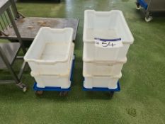 Five Stackable Plastic Tubs and Two Mobile Dollies/Bogies