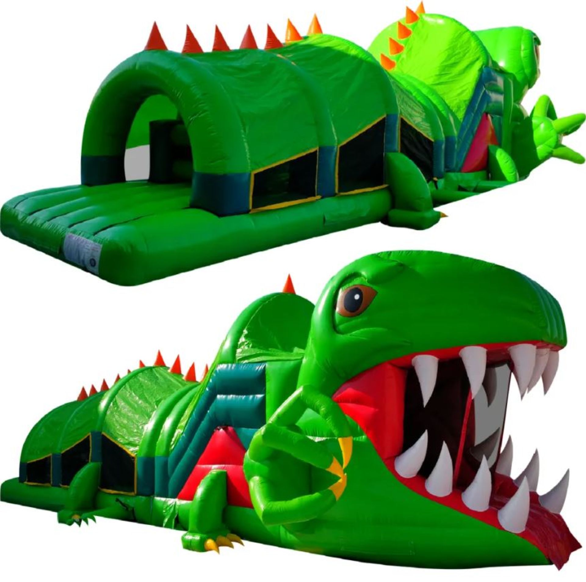 Boxed unused Two-part Inflatable Dinosaur obstacle course with two blowers, all pegs and 4 crash