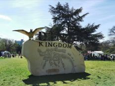 Stone Logo Wall constructed from fiberglass 5.3m long 3m high. Dino Kingdom Logo on fibreglass