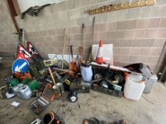 Assorted Equipment, as set out including Jerry cans, road signs, spades, rakes, timber posts, socket