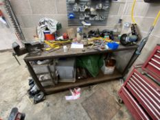 Timber Top Steel Bench, approx. 1.8m x 750mm, fitted Workzone double ended grinder/ belt linisher