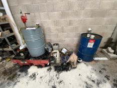 Bunded Barrel Stand (understood to be leaking), with two barrels, rotary pump and contents on and