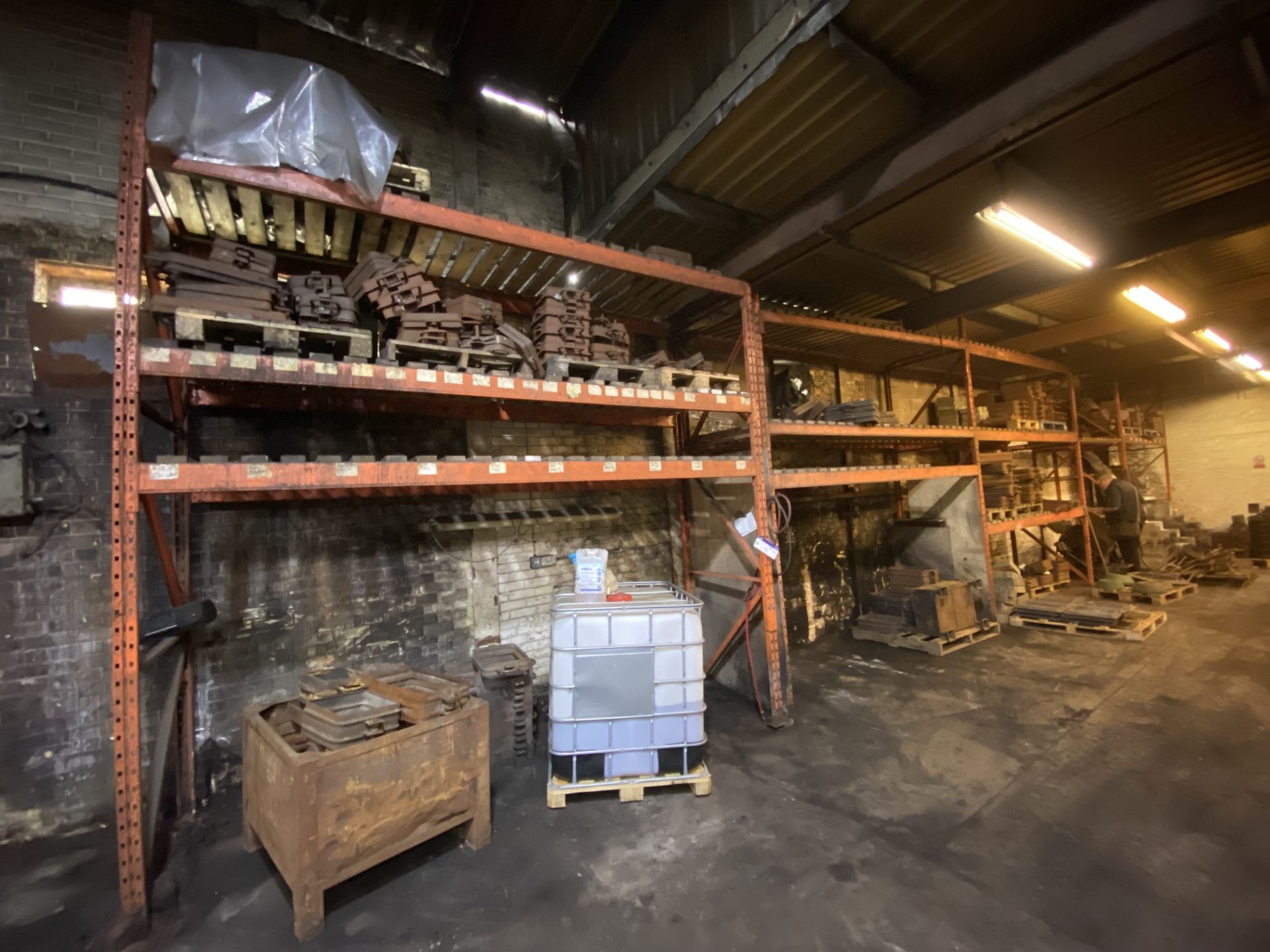 Five Bay Multi-Tier Steel Rack, with timber shelving panels as fitted (contents excluded), approx.