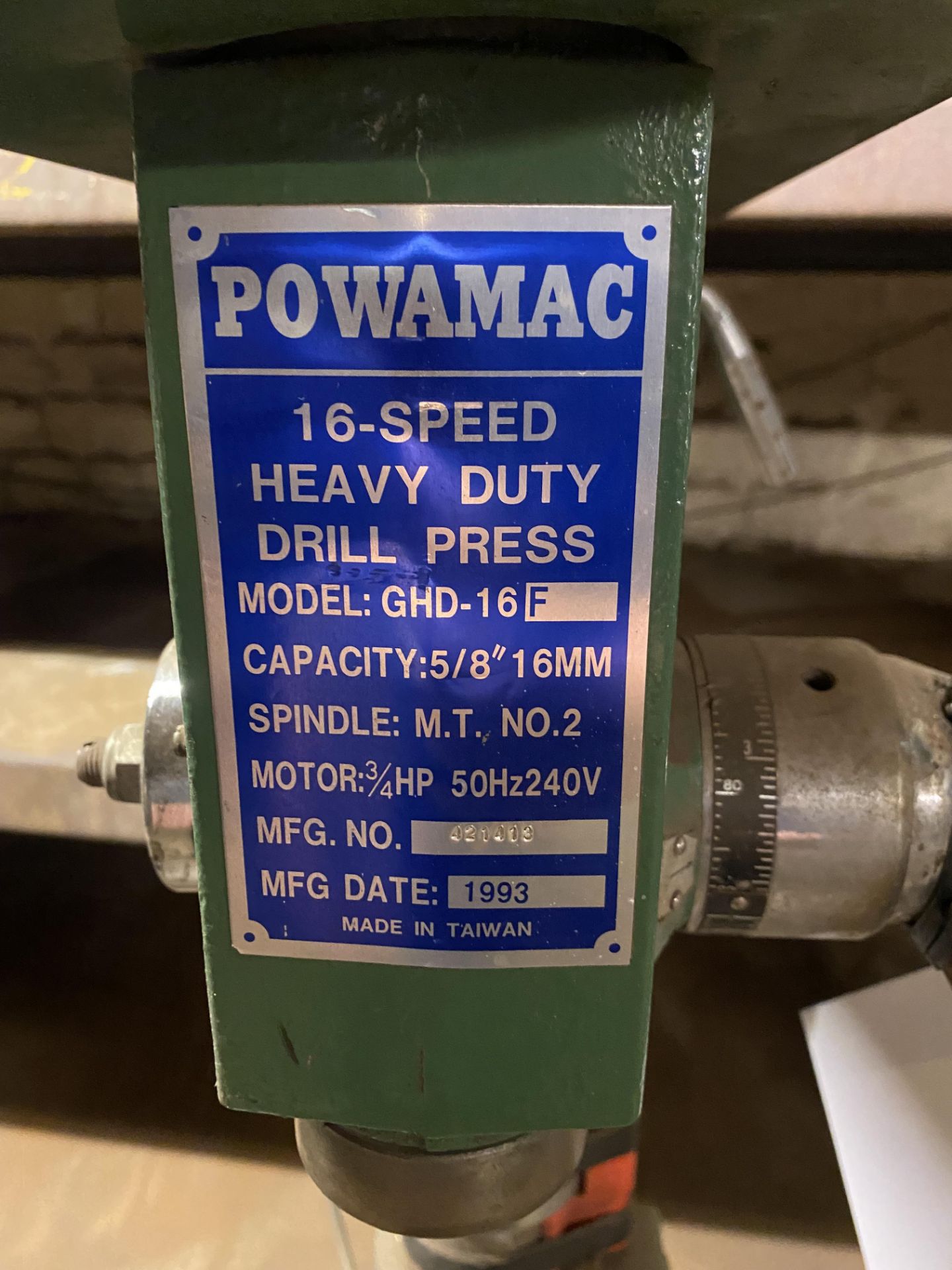 Powamac GHD-16F 16 Speed Heavy Duty Drill, serial no. 82/414, year of manufacture 1993 (take out and - Image 3 of 3